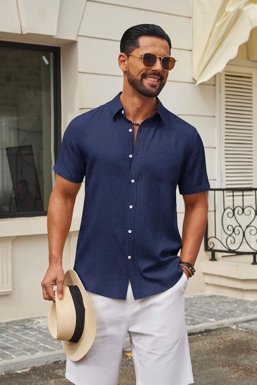 COOFANDY Mens Button Down Shirt Short Sleeve Casual Shirts Summer Beach Textured Shirts with Pocket - Image 2