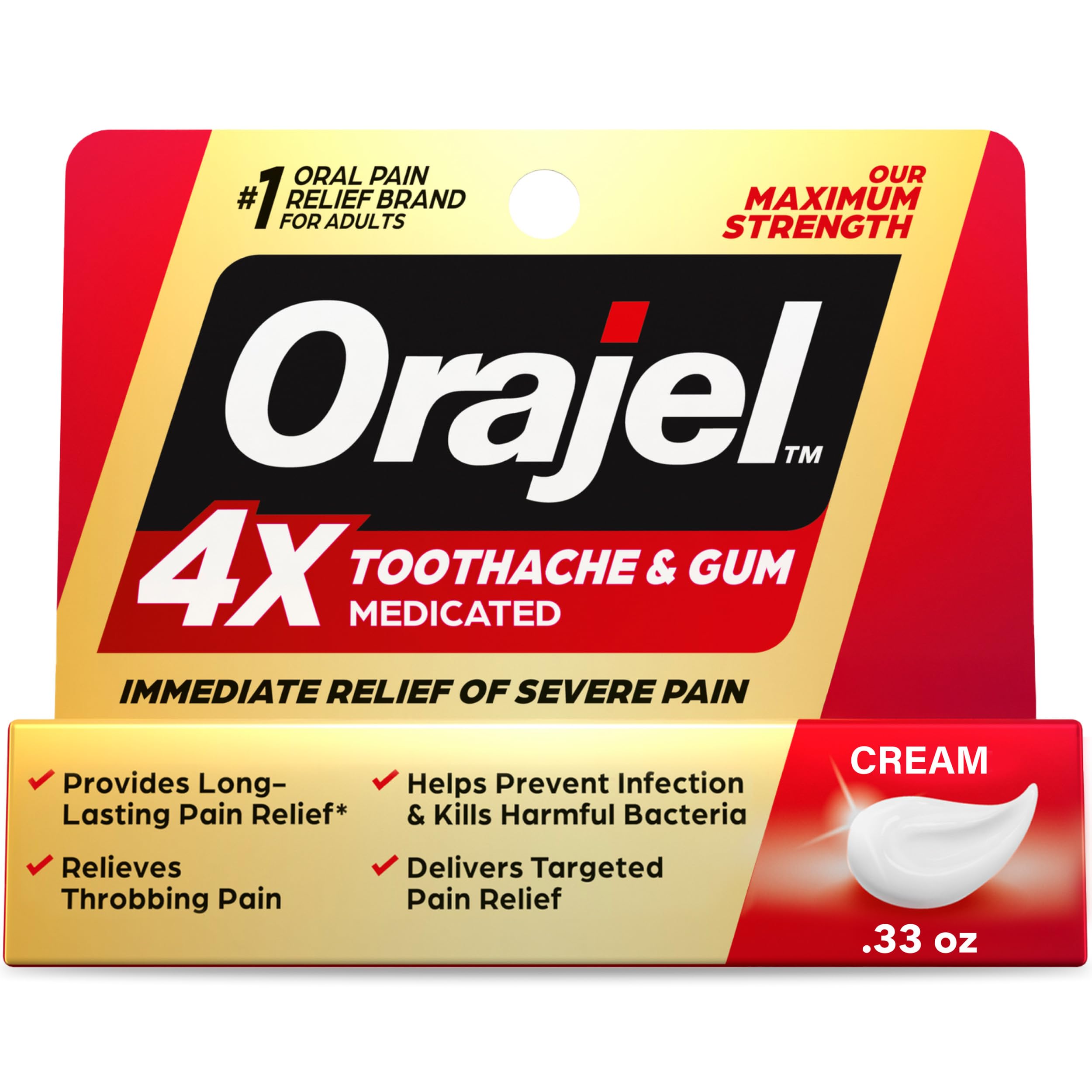 Orajel 4X for Toothache & Gum Pain: Severe Cream Tube 0.33oz- From Oral Pain Relief Brand