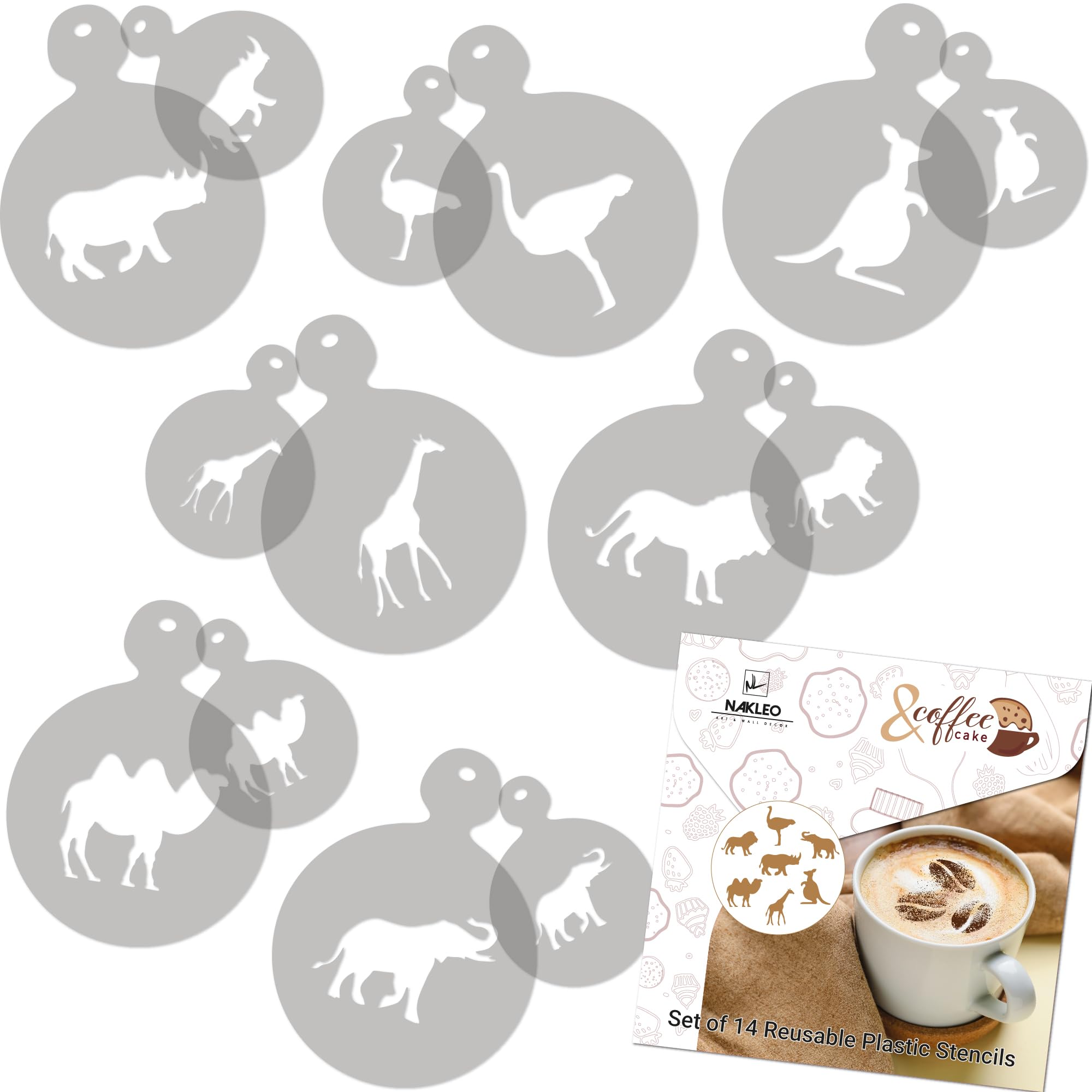 NAKLEO Coffee Cookies Decoration Reusable Plastic Baking Stencil - 7x7cm and 11x11cm / 2.8'x2.8' and 4.3'x4.3' - Animals Lion Kangaroo - Art Craft DIY Biscuit Pastry Cake Glaze Kitchen