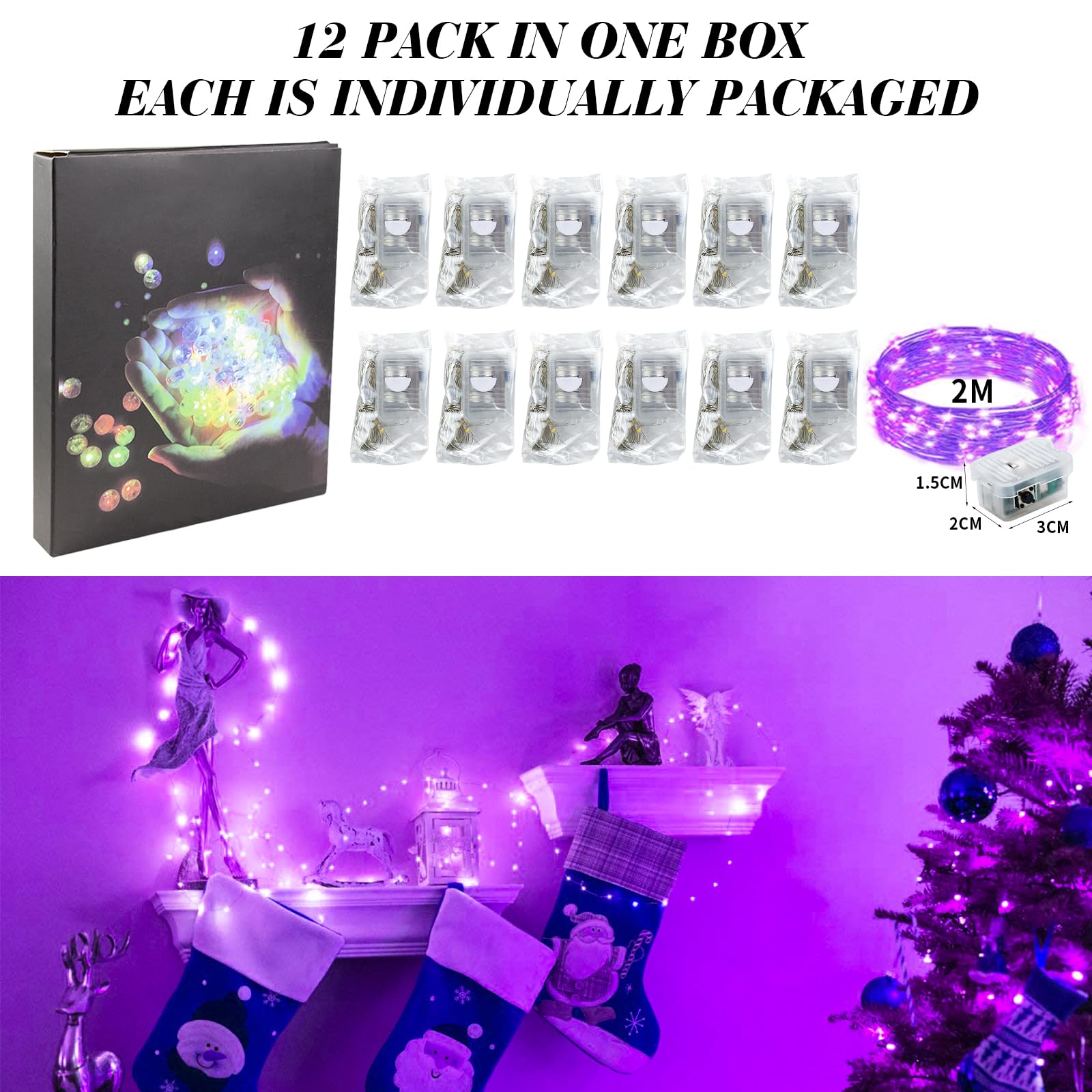 Paquete de 12 luces de hadas que funcionan con pilas, cadena de luces de 7 pies, 20 mini luces LED de alambre plateado para bricolaje, fiestas, bodas, dormitorio, decoración de Navidad (morado)