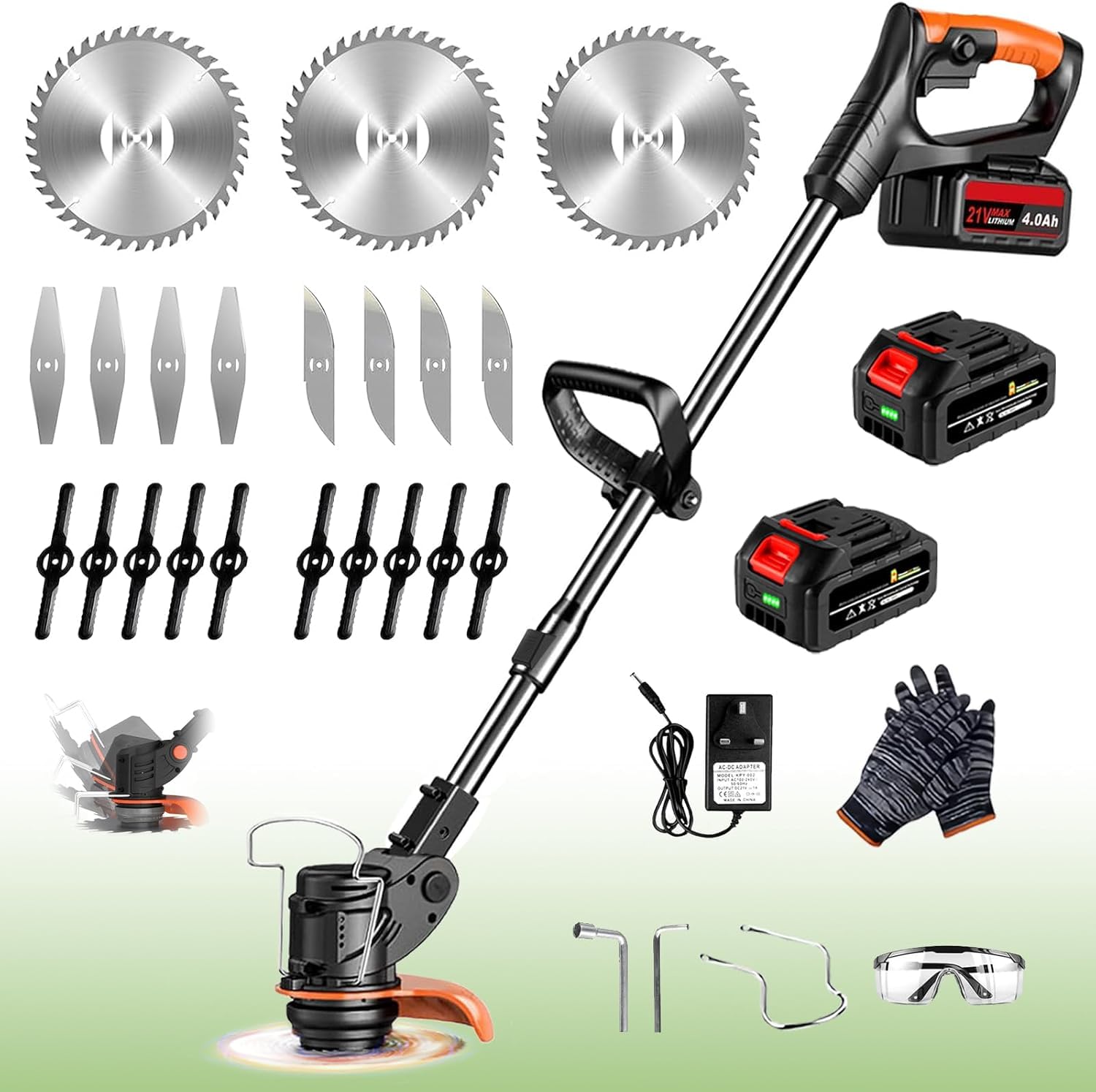 Strimmer Cordless Telescopic Lightweight Grass Trimmer Garden Strimmer Electric Cordless with 2 Γ 21V Lithium Battery Fast Charger and Four Kinds Spare Blades Brush Cutter for Garden Clearing Weeds