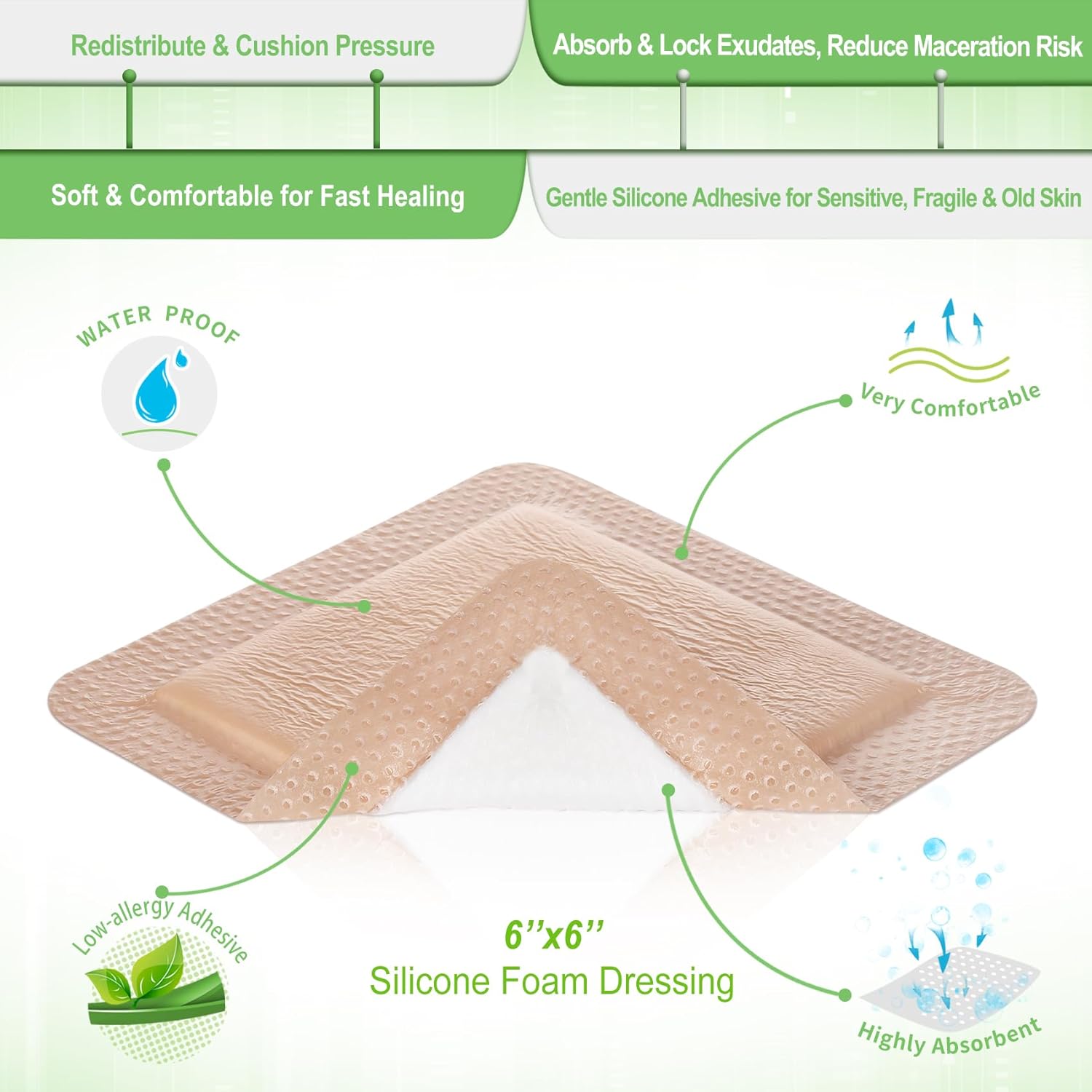 Silicone Adhesive Foam Dressing with Gentle Border 6''x6'', 10 Packs for Bed Sore Leg Ulcer, High Absorbency Waterproof Silicone Wound Bandages by NeuHeils