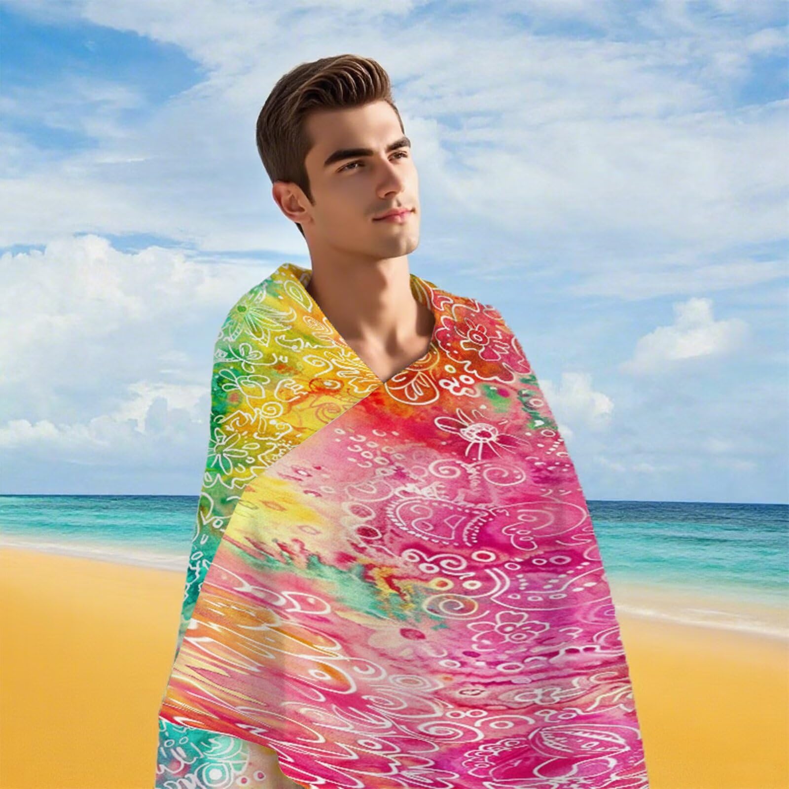 Duży ręcznik z mikrofibry XXL 220 x 100 cm Ręcznik plażowy Kolorowe kwiaty Ręczniki na siłownię Szybkoschnące cienkie i kompaktowe ręczniki kąpielowe z torbą, ręcznik plażowy odporny na piasek dla