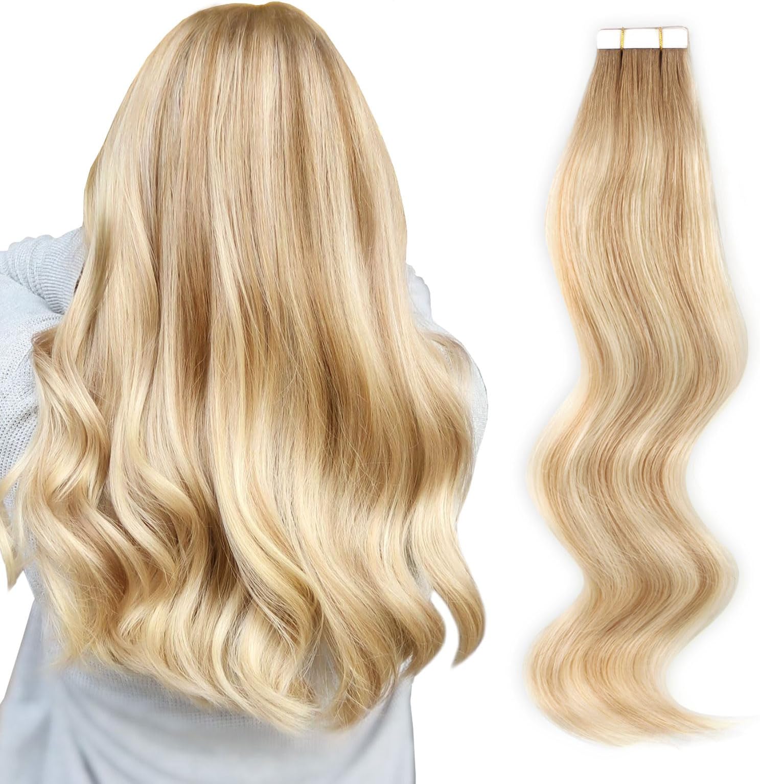 ABH AmazingBeauty Hair Semi-permanent Pre-taped Rooted Highlight Tape in Hair Extensions Human Hair, Real Remy Human Hair, Dark Dirty Blonde-Platinum Blonde with Ash Brown Root R8-12-60, 20 Inch