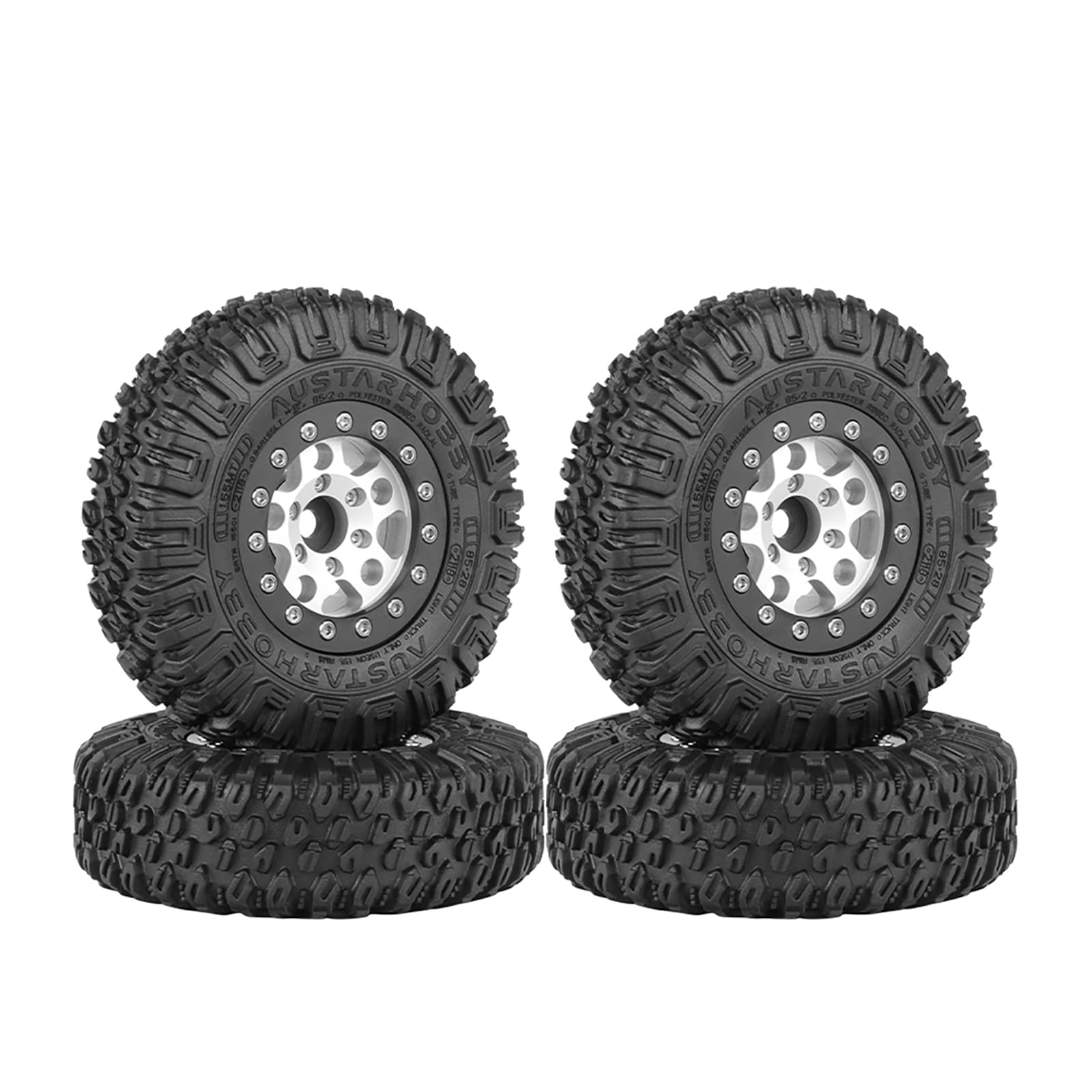 KINGCOO 4PCS 1.55Inch Aluminum Alloy Metal 5Spoke Beadlock Wheel Rims and Rubber Tires Set for 1/10 RC Rock Crawler Car for Axial AX90069 UTB18 D90 TF2 Tamiya Upgrade Parts (Silver+Black, 85MM)