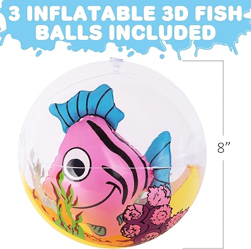 Miniatura 2 de ArtCreativity Pelotas de playa de peces 3D para niños, juego de 3, bolas transparentes con peces coloridos en el interior, juguetes inflables de