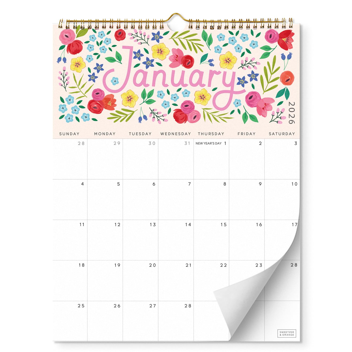 S&O Five Color Floral Wall Calendar from January 2026-June 2027 - Tear-Off Monthly Calendar - 18 Month Academic Wall Planner - Hanging Organizer to Track Anniversaries & Appointments - 13.5"x10.5”in
