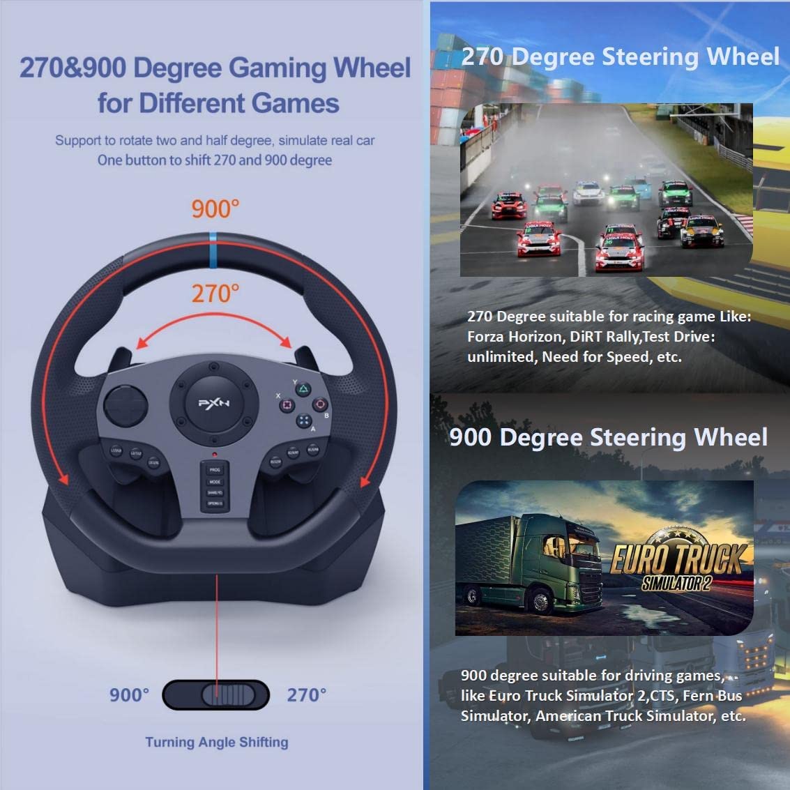 PXN PC Racing Wheel, V9 Gaming Steering Wheel Used-Like New 270°/900° Rotation Driving Simulator with Pedals and Shift for PC,PS4,PS3,Xbox One,Xbox Series S/X,Nintendo Switch