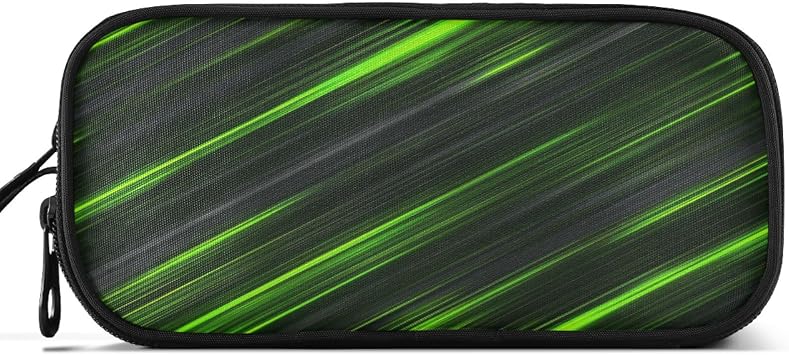 Caikeny Pencil Case Green Lines Black Pen Bag Large Capacity Pencil Box Pen Pouch with Zipper Cosmetic Organizer for Kids Teens Adults