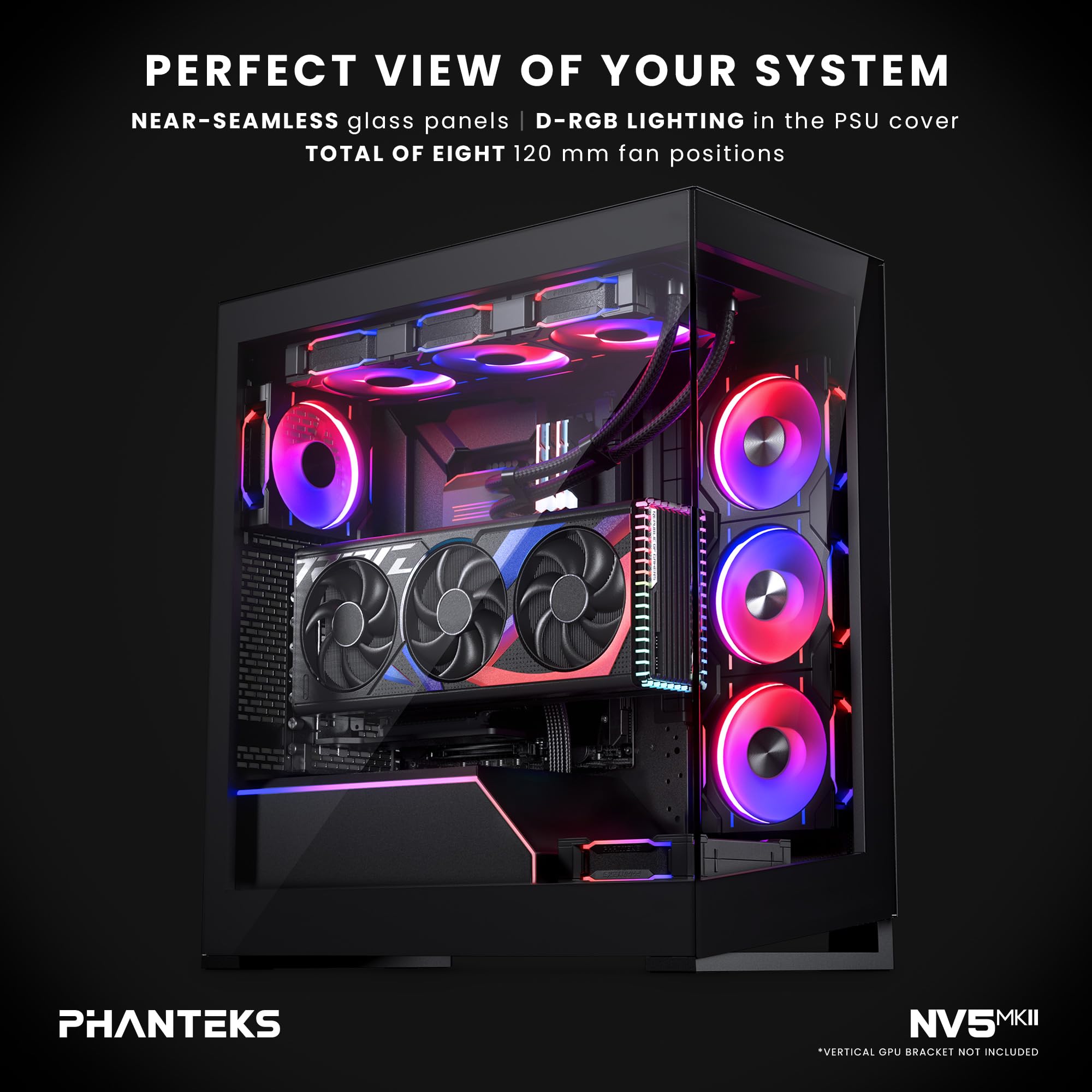 Phanteks NV5 MK2, Case Vetrina Mid-Tower, Supporto per Scheda Madre con Connettori Posteriori, Illuminazione D/A-RGB integrata, Vetro Temprato senza giunzioni, 8 slot per Ventole, Nero