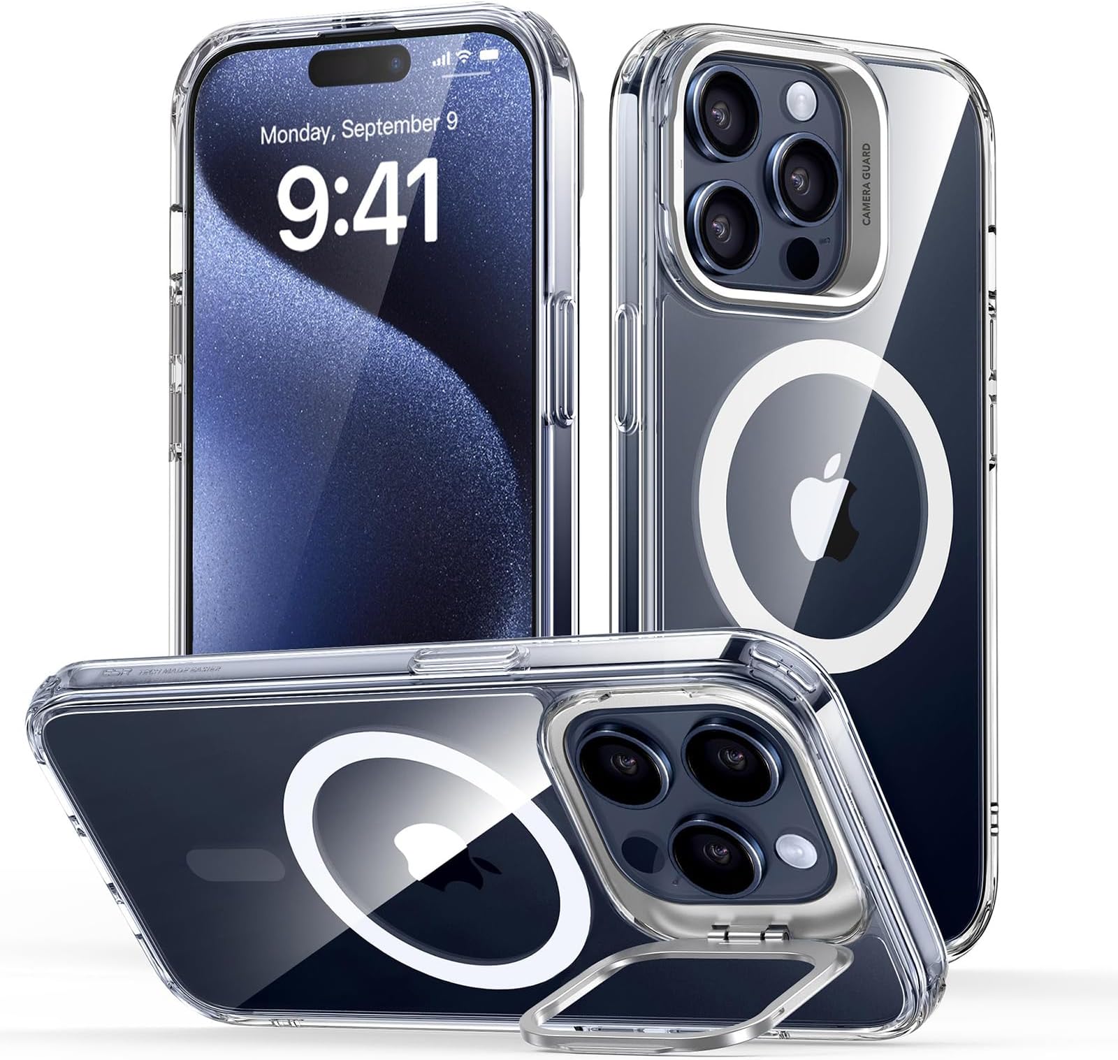 for iPhone 15 Pro Max Case, Compatible with MagSafe, Military-Grade Protective Case, Built-in Stash Stand Phone Case, Scratch-Resistant TPU Back Cover, Classic Series, Clear