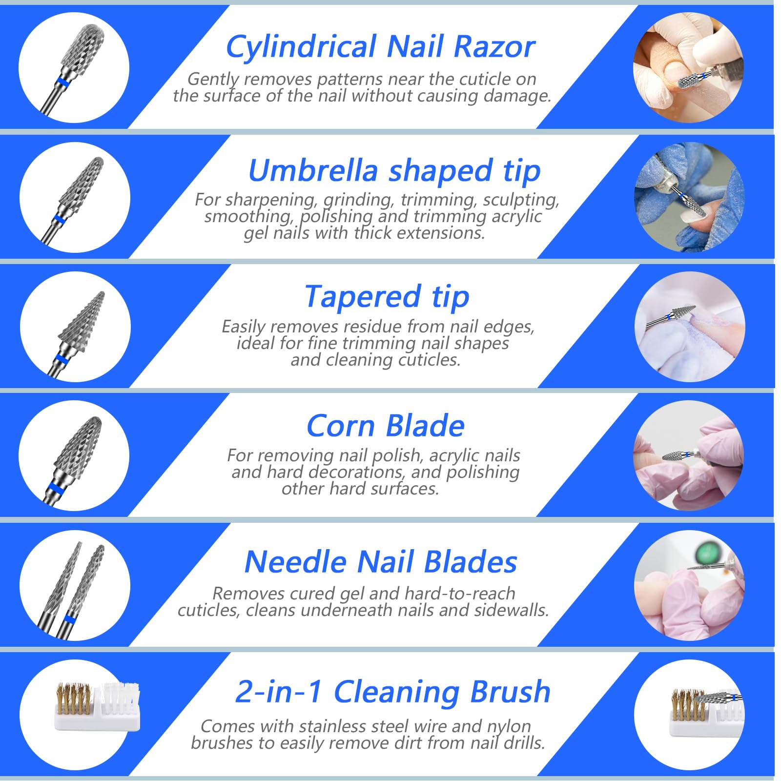 TOSAVGA 6 Pezzi Punte Fresa Unghie, Punte Fresa Unghie Professionale, 3/32 Pollici Punte per Fresa Unghie di Tungsteno, Punte Fresa per Unghie Manicure - per Rimuovere Gel Acrilico Cuticola