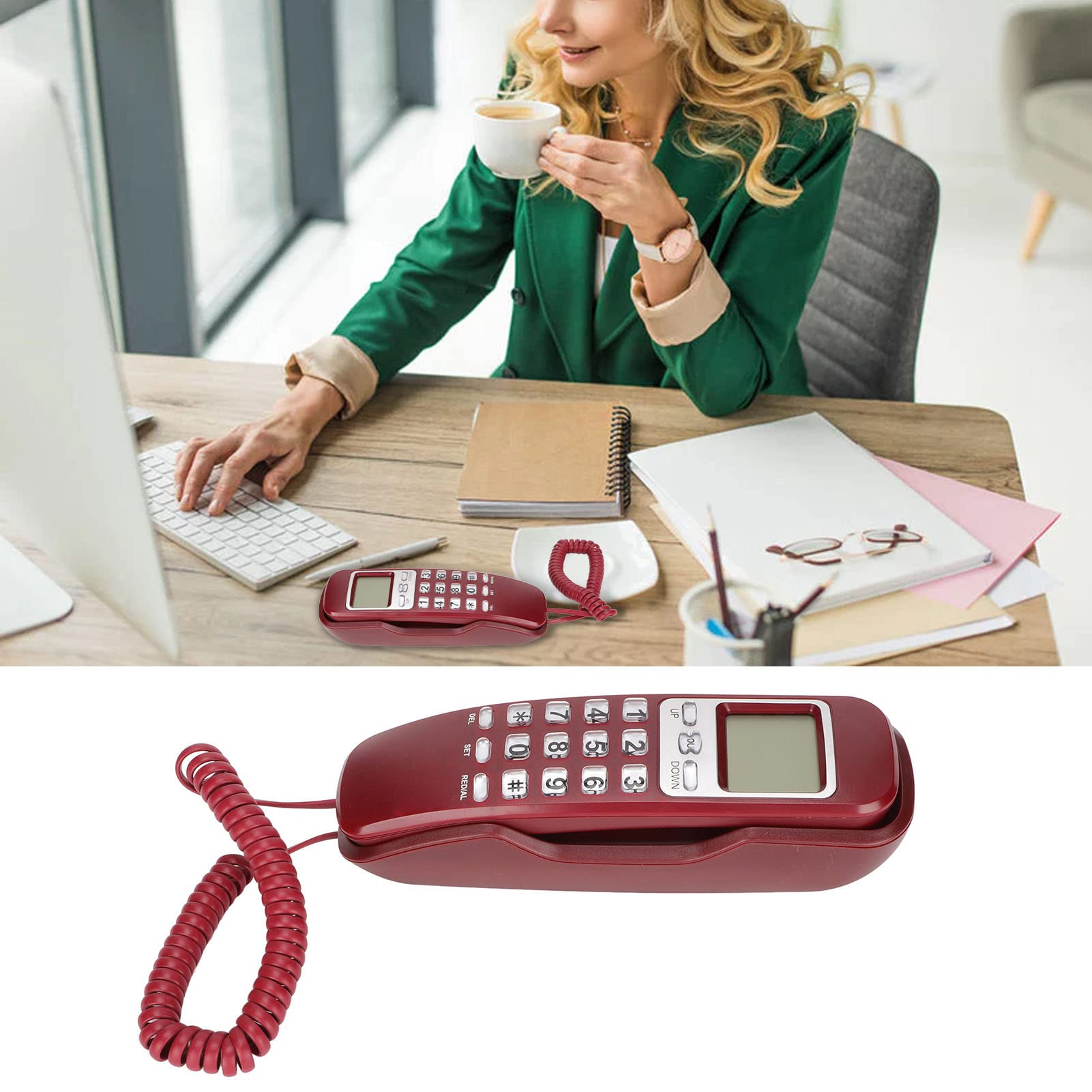 ASHATA Schnurgebundenes Telefon, Kleines Kabelgebundenes Festnetztelefon mit LCD-Display, Schnurgebundenes Telefon mit Flash-Wahlwiederholung für das Home Office(Rot)
