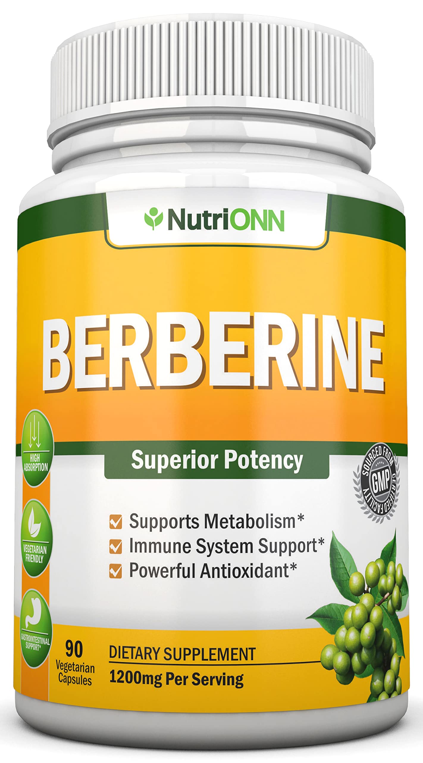 Berberine - 1200Mg Per Serving - 90 Vegetarian Capsules - Pure Berberine HCL Extract Supplement - Superior Potency to Support Immune Health