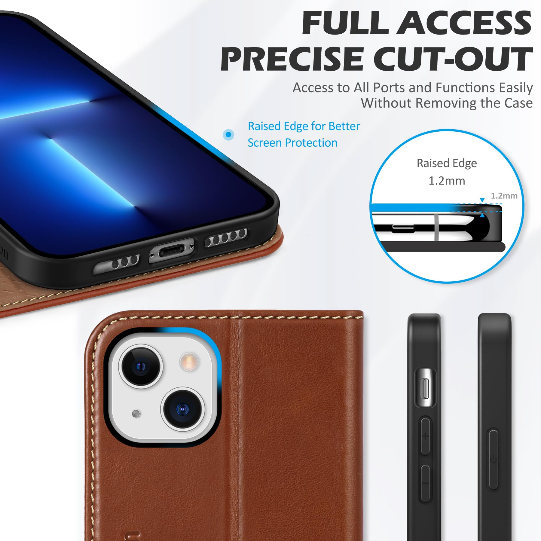 SHIELDON Funda Compatible con iPhone 13, Carcasa Cuero Genuino para iPhone 13 con Cáscara de TPU, Soporte Plegable, Bloqueo RFID, Funda Tapa Libro para iPhone 13(6.1"), Retro Marrón