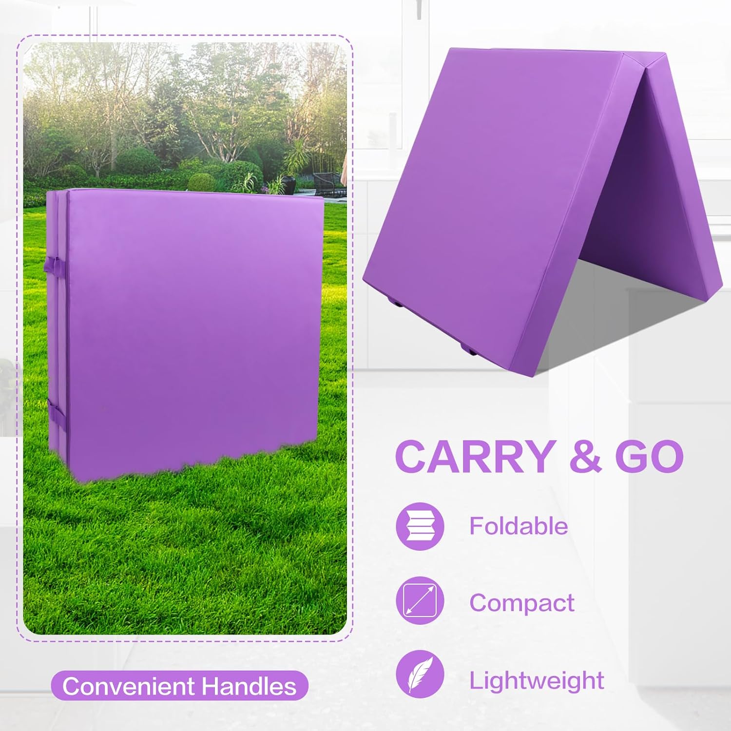 2-Folding Exercise Mat for Kids, 6'X3'X4" Foldable Gymnastics Mat, Home Gym Tumbling Mat with Carrying Handles, Polymeric Sponge, 2 Panel, Waterproof, Versatile Use for Fitness Aerobics Stretching,
