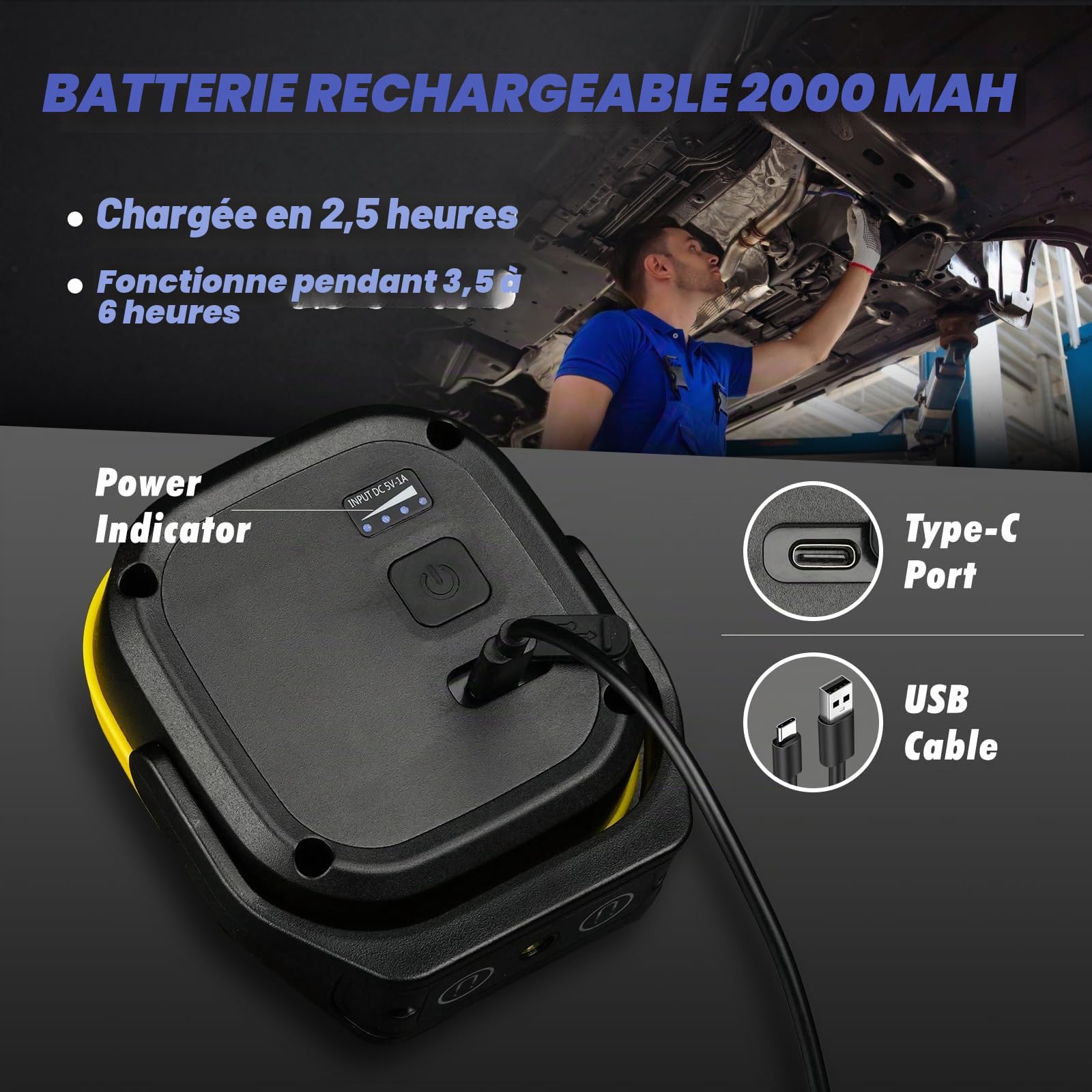 Projecteur LED Rechargeable, Lampe de Chantier Portable avec Base Magnétique à 180°, 4 Modes 1000LM Lampe de Travail pour Camping, Chantier, Garage (2 Pièce)