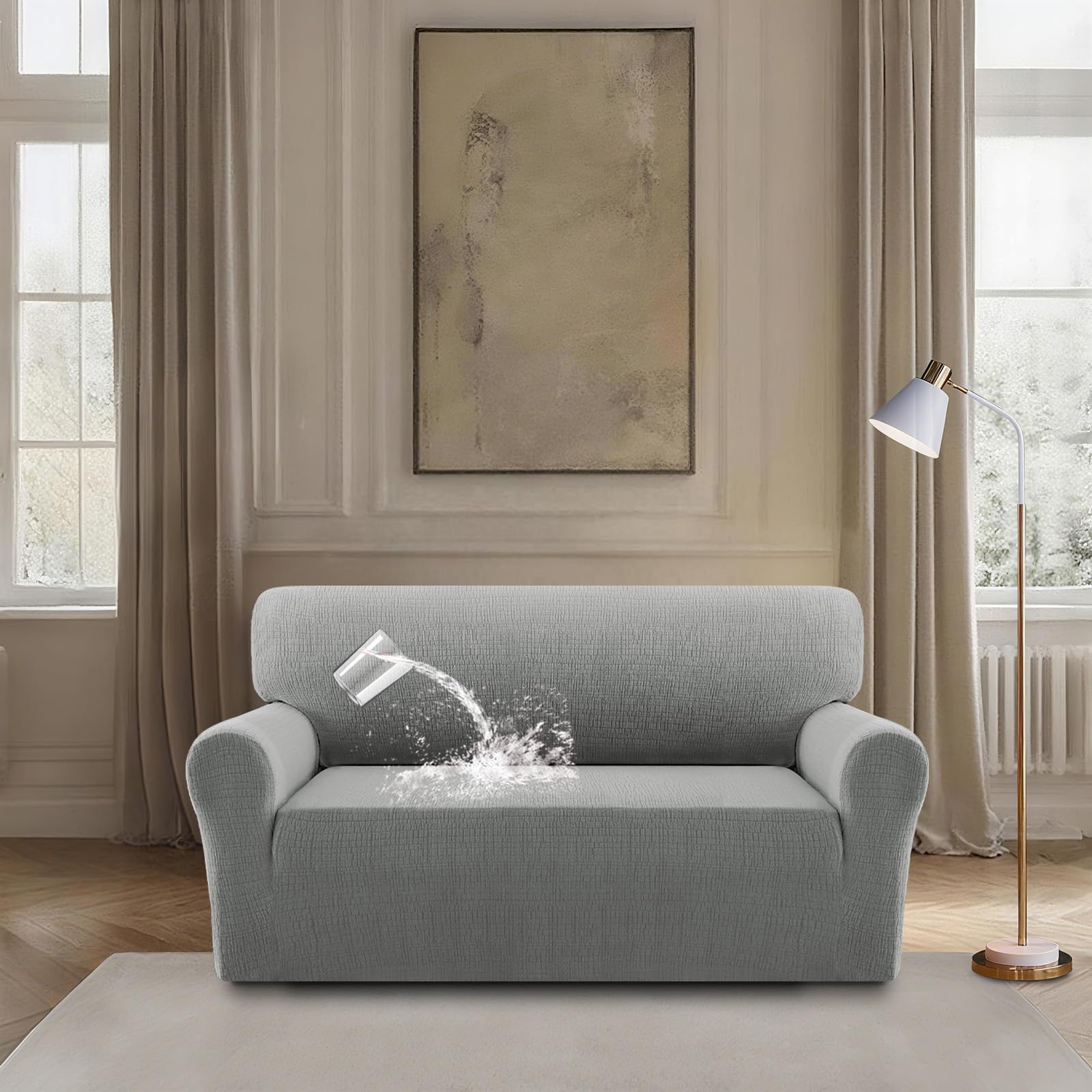BellaHills Funda Sofá 2 Plazas, Asiento Impermeable, Elástica Jacquard, Elástica Ajustable,Fundas Sofa Ajustables, Gris Claro