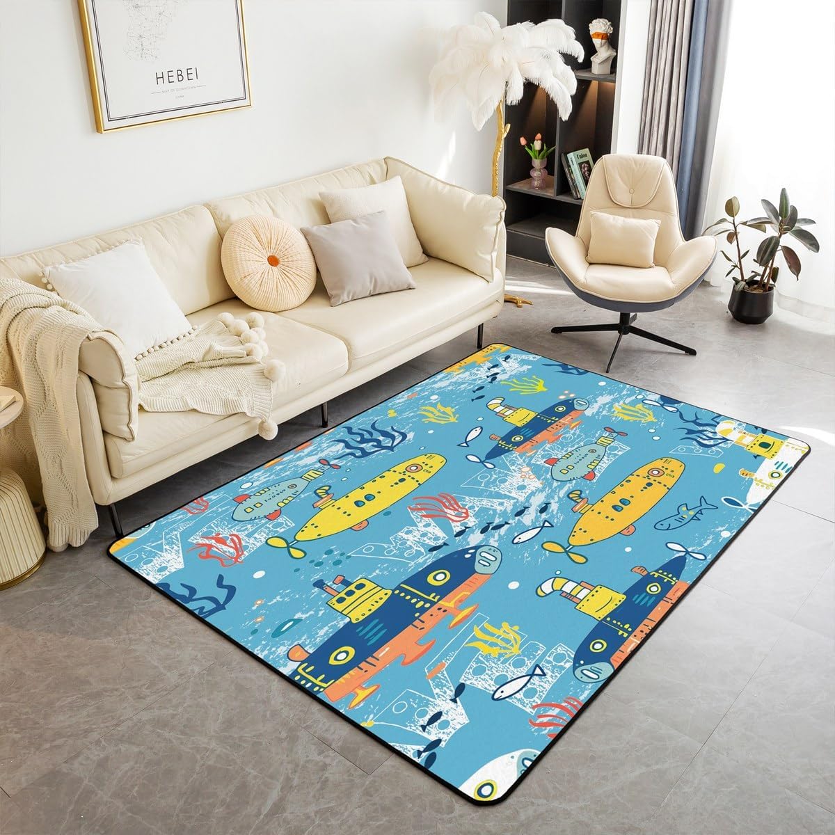 Feelyou Sailboat Area Rug 3x5 Kids Ocean Creature Submarine Decorative Rug for Boys Girls Teens Marine Animals Living Room Rugs Summer Blue Sea Adventure Indoor Floor Mat Room Decor