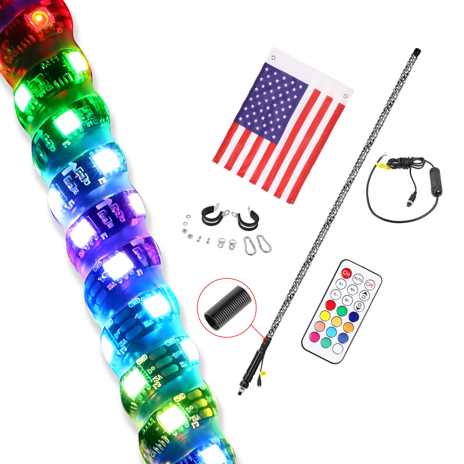 OFFROADTOWN 4FT LED Whip Light RF Remote Control Spiral Lighted Whips RGB Dancing/Chasing Light Antenna LED Whips for UTV ATV Polaris RZR Razor Offroad Trucks Pickup 4X4 Dune