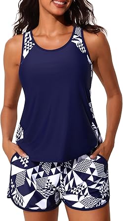 Summer Mae Blouson Tankini Swimsuits for Women 2026 Tummy Control Two Piece Bathing Suits with Sporty Pockets Swim Shorts