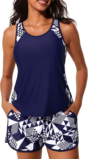 Summer Mae Blouson Women's Tankini Swimsuits Tummy Control Bathing Suits | Swim shorts with pockets,modest top with removable padded,2-piece swimwear 2026 for beach,pool,cruise