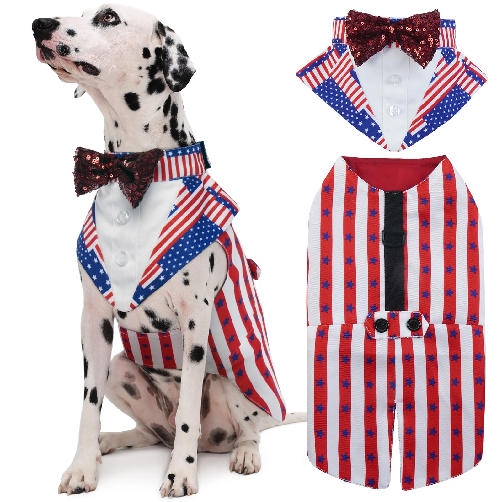 Kuoser Independence Day Dog Tuxedo Dog Suit and Bandana Set, 4Th of July Dog Costume American Flag Dog Outfit with Bow Tie for Large Medium Small Dogs