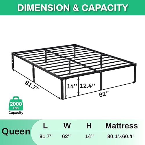 Miniatura 2 de D&H FURNIMMT Marco de cama Queen de 14 pulgadas con soporte de hasta 2000 libras, fácil de montar, antideslizante, sin ruido, no necesita somier,