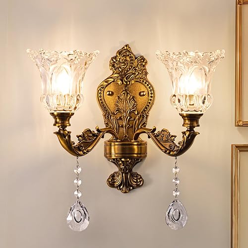 Wellmet Lámpara de pared dorada de 2 luces, lámpara de pared retro, lámpara de pared para tocador de baño, lámparas de pared para sala de estar,