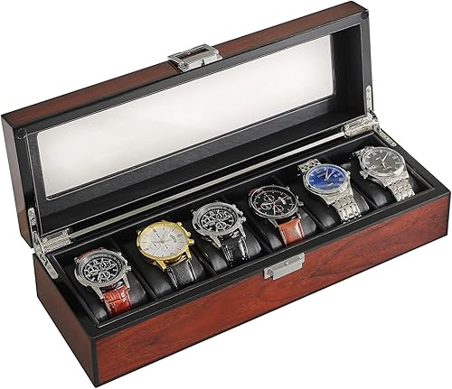 IBUYKE JWB006H - Caja de reloj con almohada extraíble de 6 ranuras de madera maciza para hombre, organizador de joyas con tapa de cristal grande