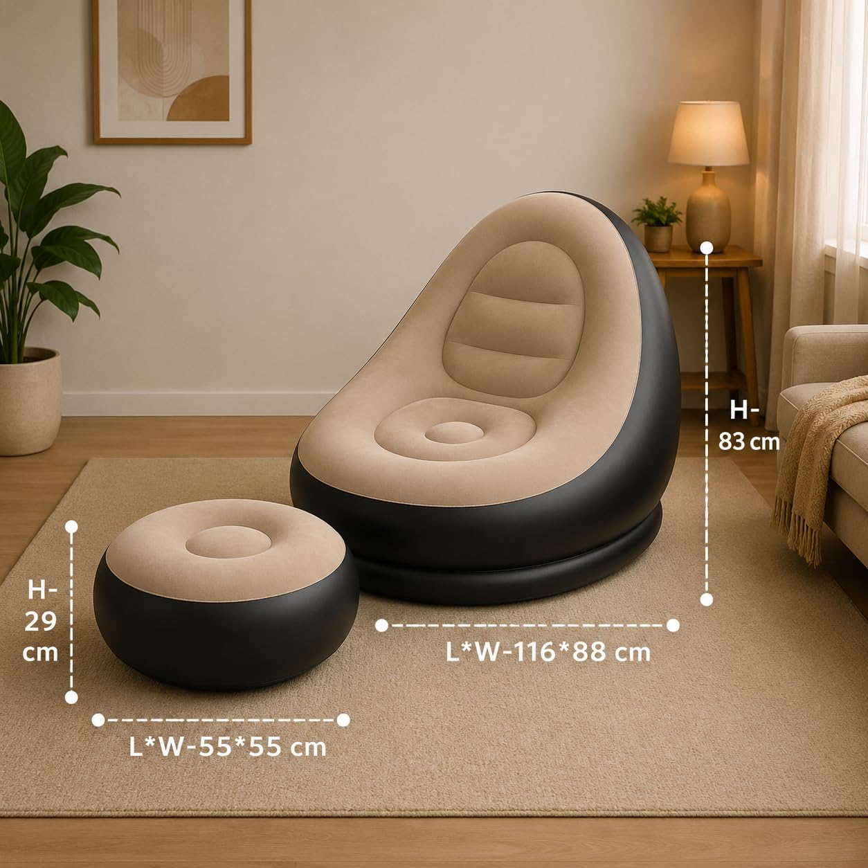 DTR Creation Inflatable Lounge Chair for Adults with Ottoman, Foldable Air Sofa Couch, Portable Blow Up Chair for Living Room Bedroom, Comfortable Indoor Seating, 150 kg Capacity (Beige) 2
