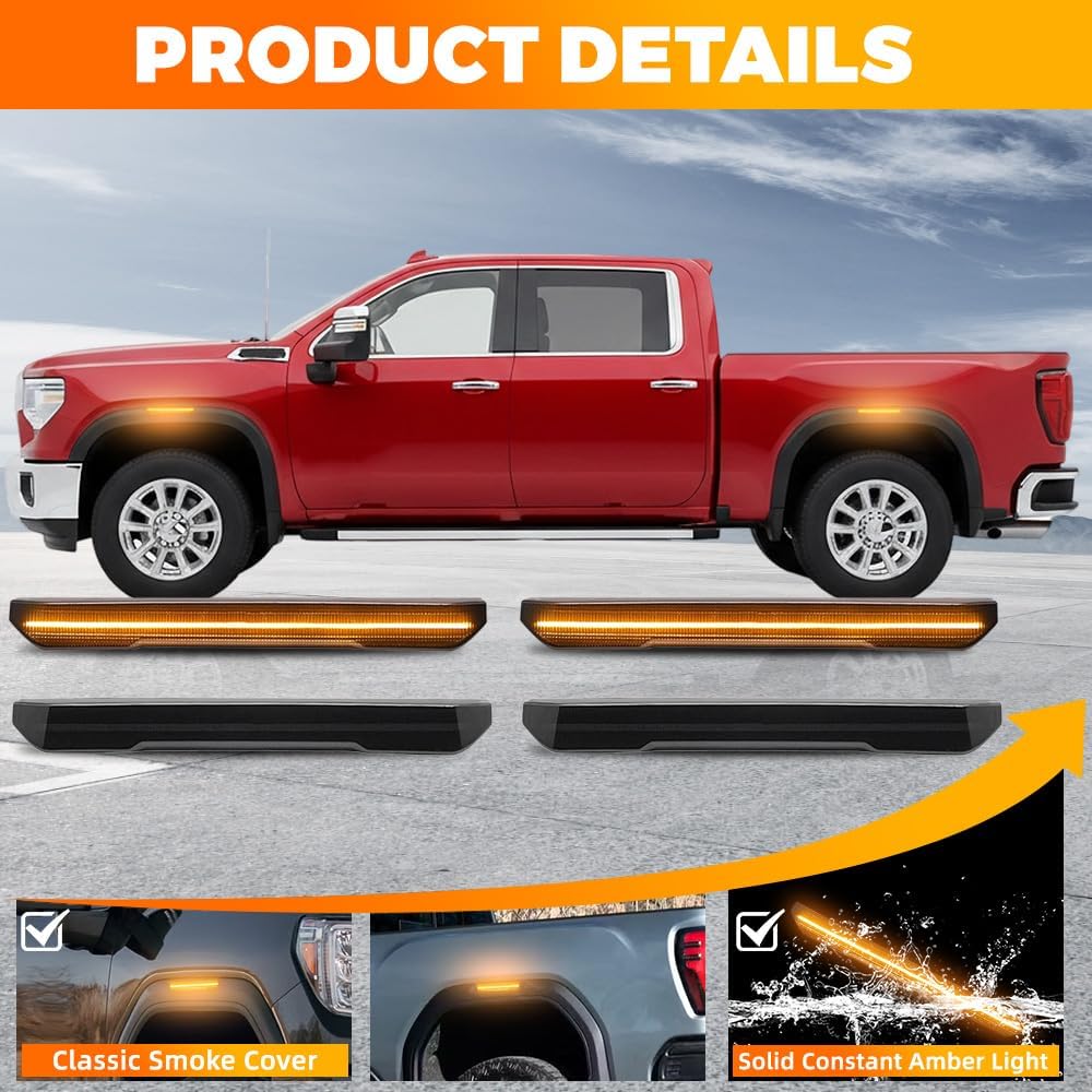 LED Amber Side Light, 84185031, 84806032, Compatible with GMC Sierra 2500HD/3500HD 2020-2024, Side Marker Light, 12V Front Rear Fender Marker Lamps, 4 PCS Amber Side Light Smoked Cover