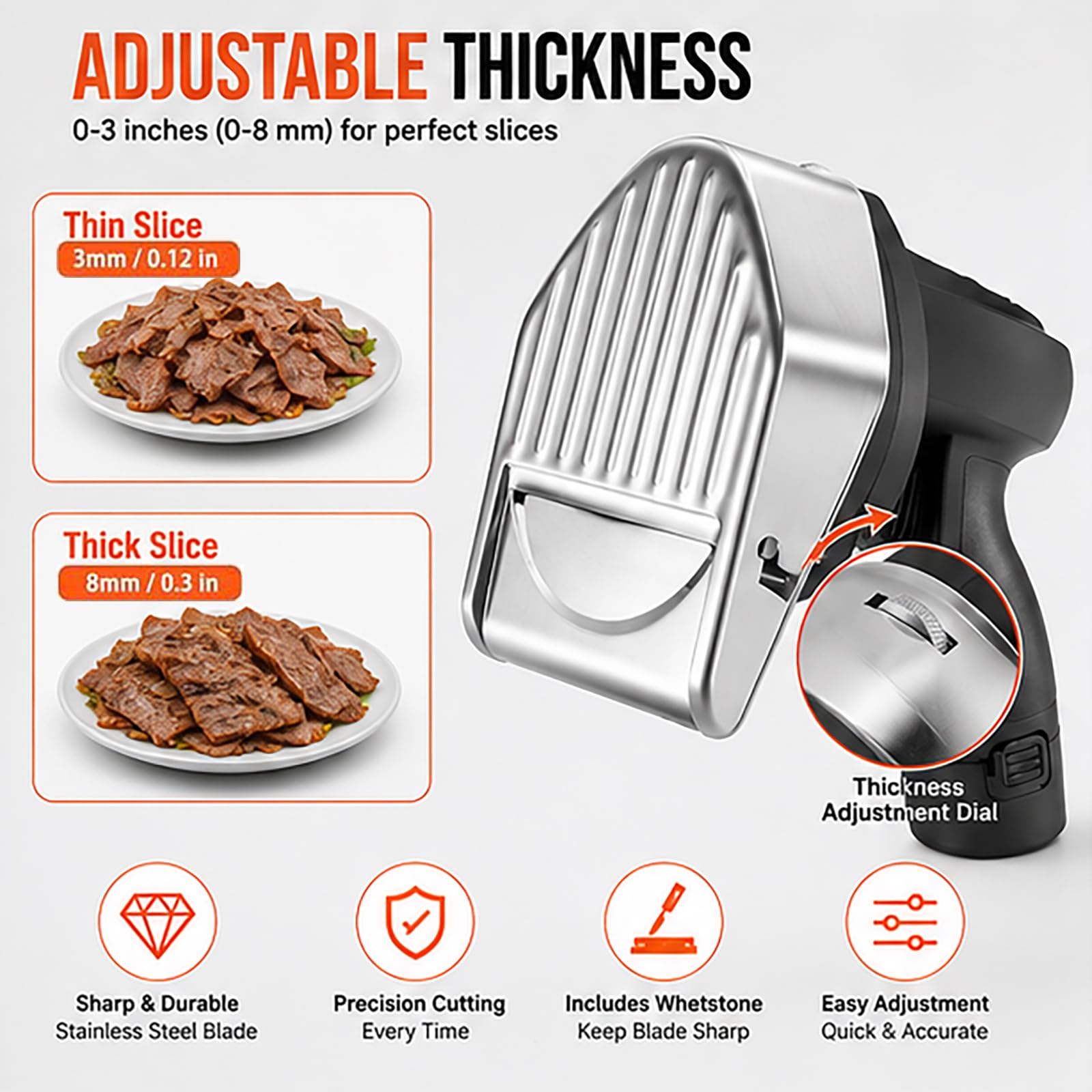 Cortadora eléctrica inalámbrica de Kebab, cortador de carne comercial 80W con cuchillas de acero inoxidable dual, espesor ajustable de 0-8 mm para barbacoa en el hogar y restaurante, diseño ligero y f
