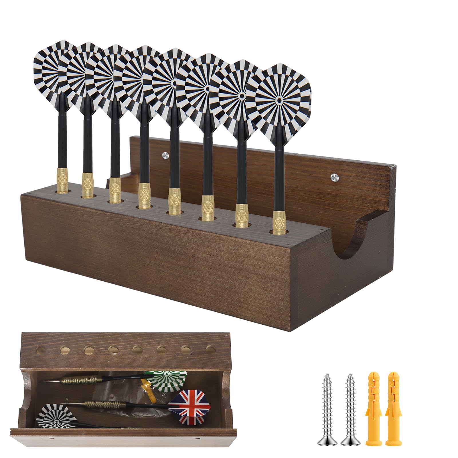 Bindokun Dart Holder with 8 Slots & Storage Box - Wall Mount Darts Holder Stand Organizer for Steel Tip and Soft Tip Dart Accessories