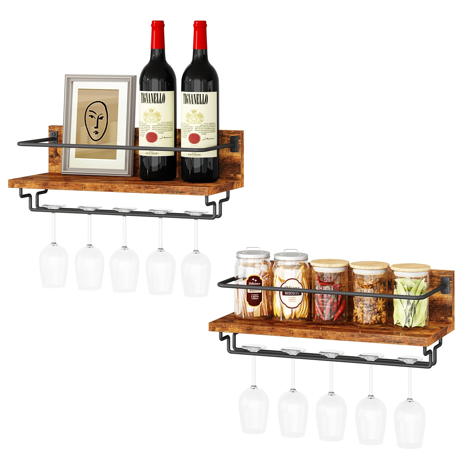 IBUYKE Portabottiglie da Parete,Porta Vino in Legno,Set da 2,Porta Calici da Parete,Multifunzione Mensola Parete per Cucina, Sala da Pranzo, Bar, Marrone Rustico TMJ910H