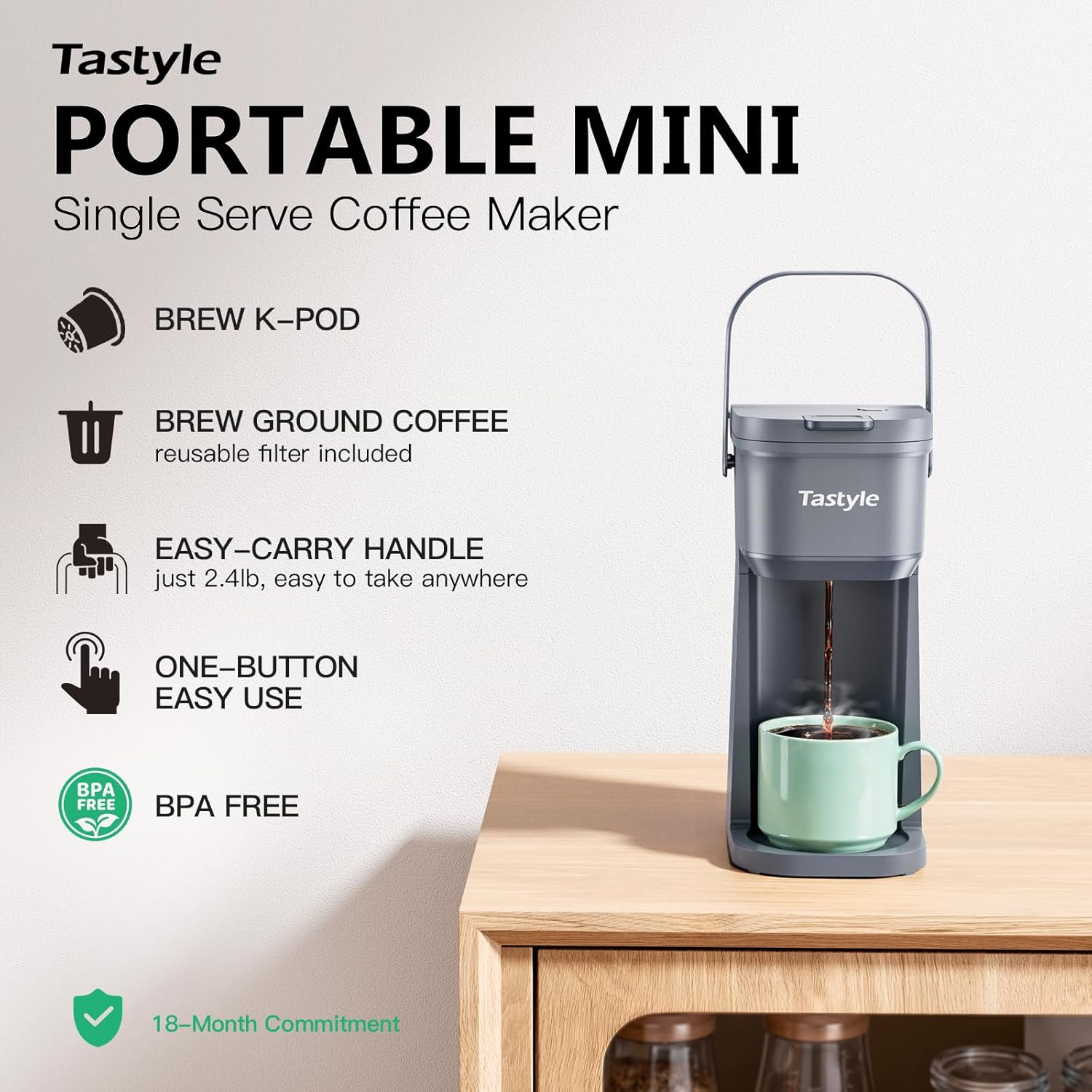 tastyle single serve one cup coffee maker, for k cups and grounds, mini coffee maker with portable handle, 6 to 12 oz brew size, for travel, camping, office, rv and dorm, 120v, cool gray