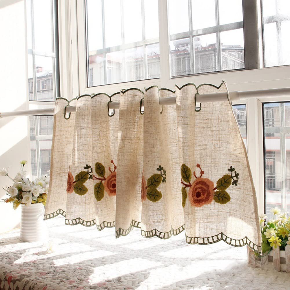 Natural Cotton Linen Curtains Beige Short Kitchen Curtains, Rustic Country Half Curtains for Cafe Living Room,Floral Embroidery Small Curtains (Size : WxH 115x42cm/45x16.5inch)