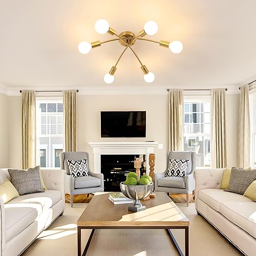 Miniatura 5 de Lámpara de techo Sputnik dorada, moderna lámpara Sputnik de 6 luces con brazos giratorios de 350, bombilla E26 compatible con sala de estar,