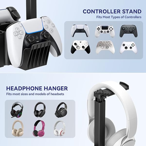 KDDゲームコントローラー スタンド 2個 同時に収納可能 - 多機能コントローラー 収納付きヘッドホン スタンド、スマートフォンホルダとペン立て おしゃれ - 組み立て簡単 頑丈 滑り止め ヘッドホンハンガーPS5/PS4/Xbox PC アクセサリに適用（黒い） - 3
