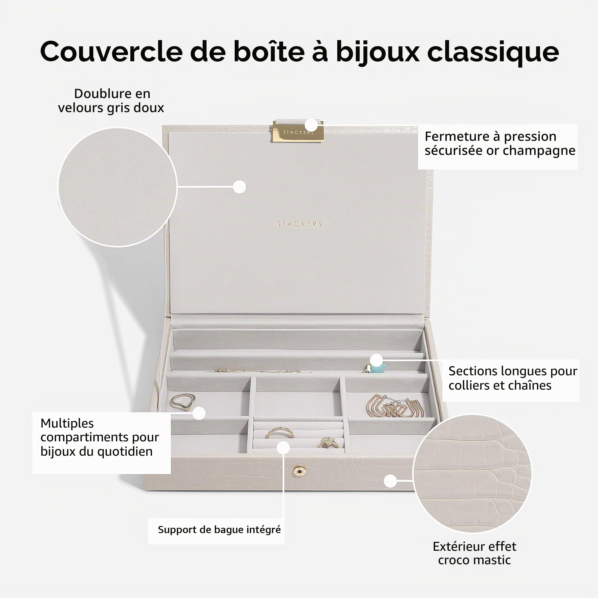 Stackers Lot de 5 boîtes à bijoux de taille moyenne avec un style classique en crocodile, Imitation cuir, Beige, Taille M