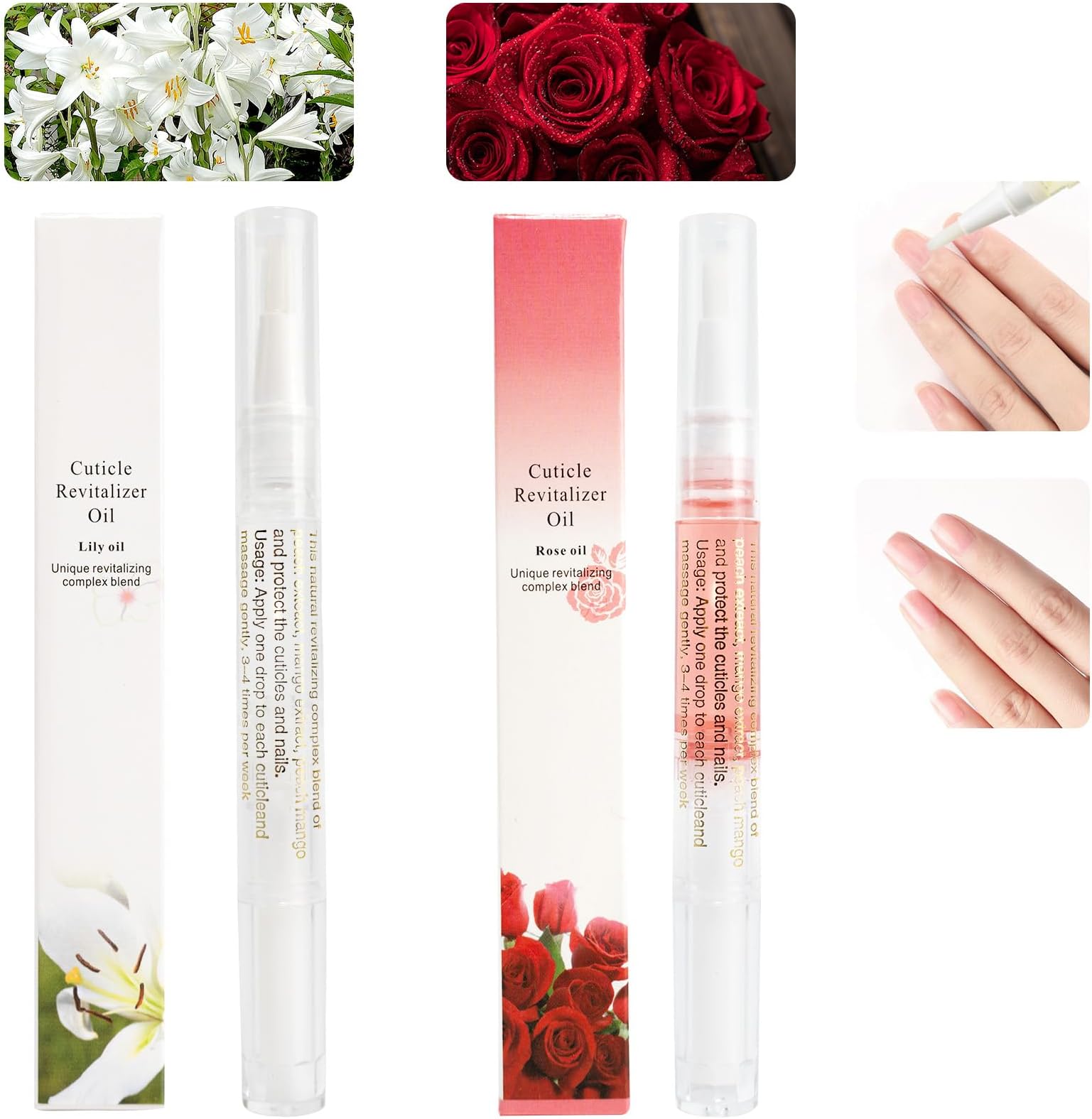 Meschett 2PCS Cuticle Oil Pens for Nail Care,Cuticle Revitalizer Oil Pen with Soft Brush,Cuticle Oil to Prevent Nail Cracking and Dry (Lily & Rose Flavor)