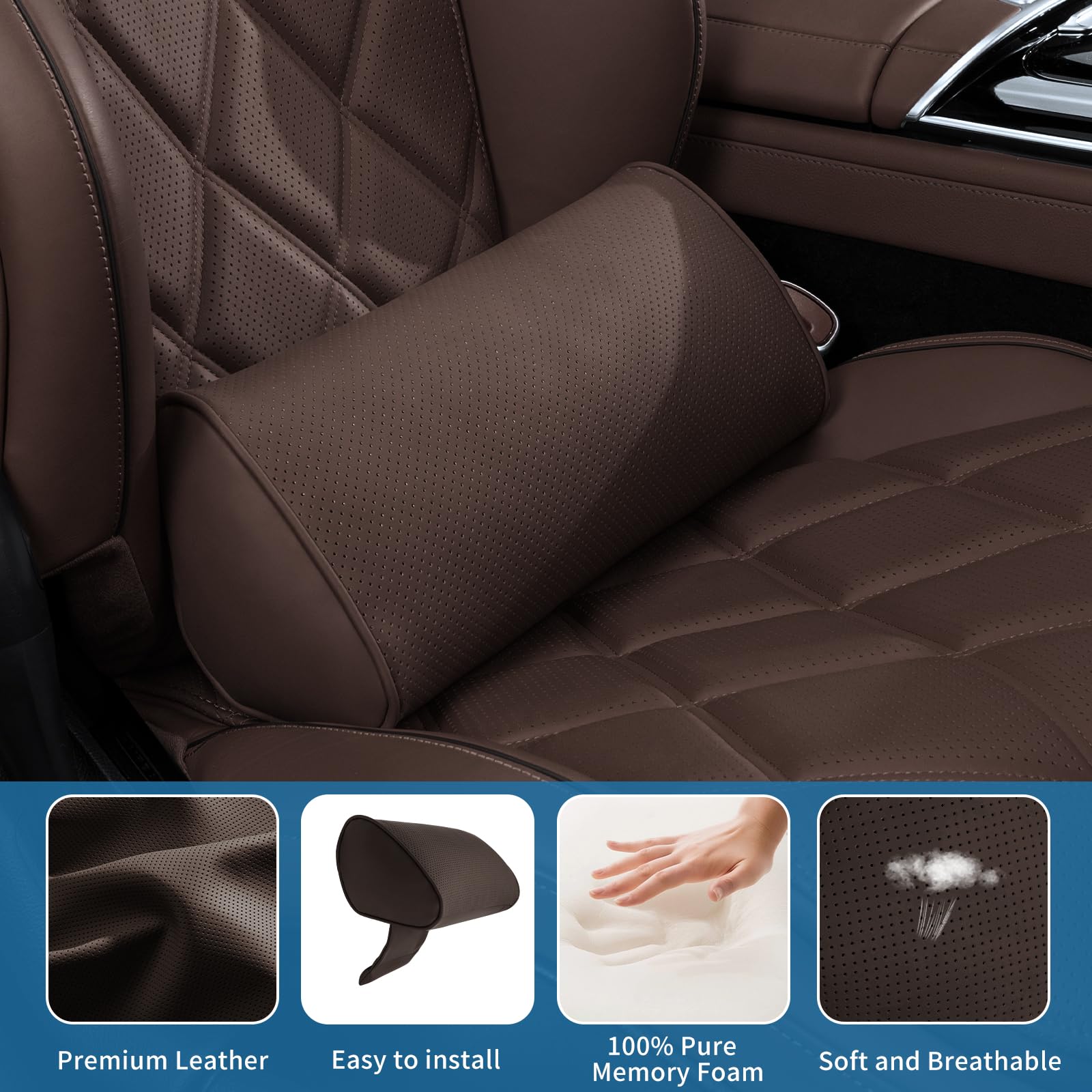 Rückenkissen Auto, Lordosenstütze Auto aus Memory Foam, Ergonomisches Rückenkissen für Autositze, Bürostuhl, Rollstuhl, Kastanien Braun