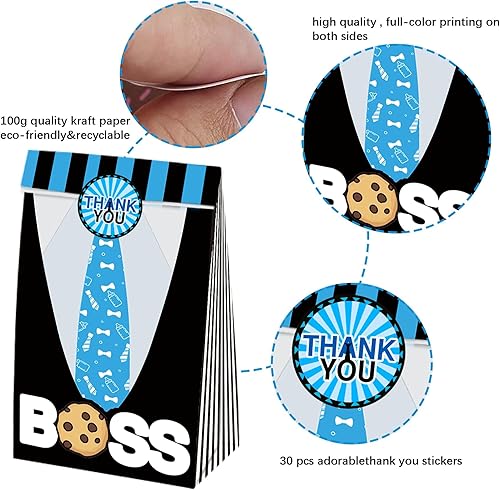 Miniatura 4 de BOSS - Bolsas de regalo de fiesta, 24 unidades con 30 calcomanías para niños, color azul, negro, cumpleaños, baby shower, golosinas, bolsas