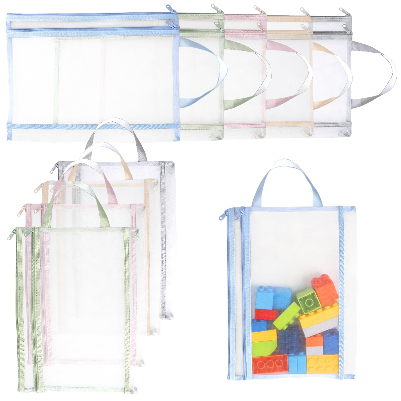 GZRXIOUS 10 Pack Mesh Zipper Pouch Bags, See Through Portable Zip Bag with Carrying Handle, Double-Layer Mesh Toy Storage Bags, Puzzle Storage Bags for Building Blocks, Puzzles, Scrapbook