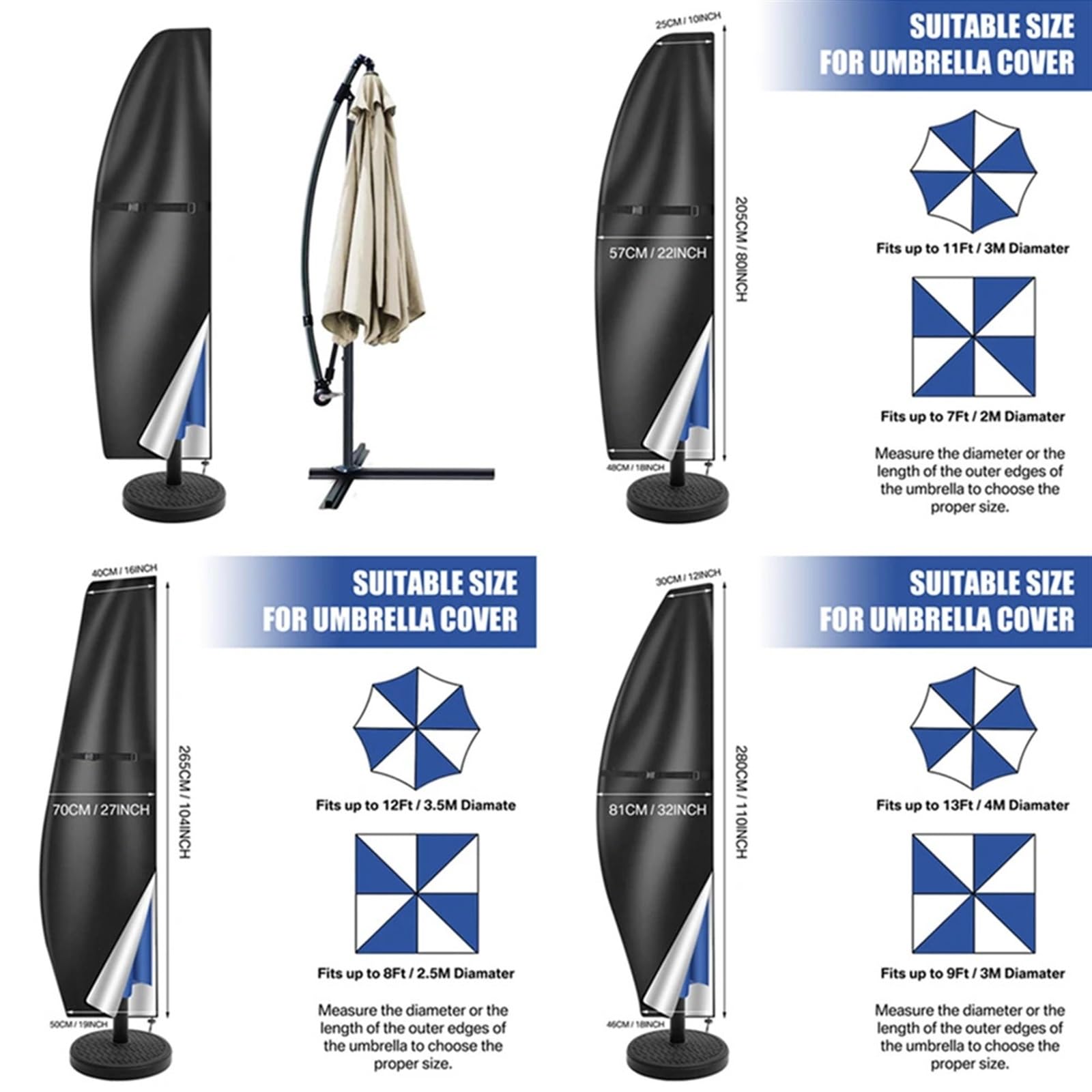 Schutzhülle für Sonnenschirm Wasserdichte Schutzhülle for Terrassenschirm im Freien, freitragend(Black,210D Height 280cm)