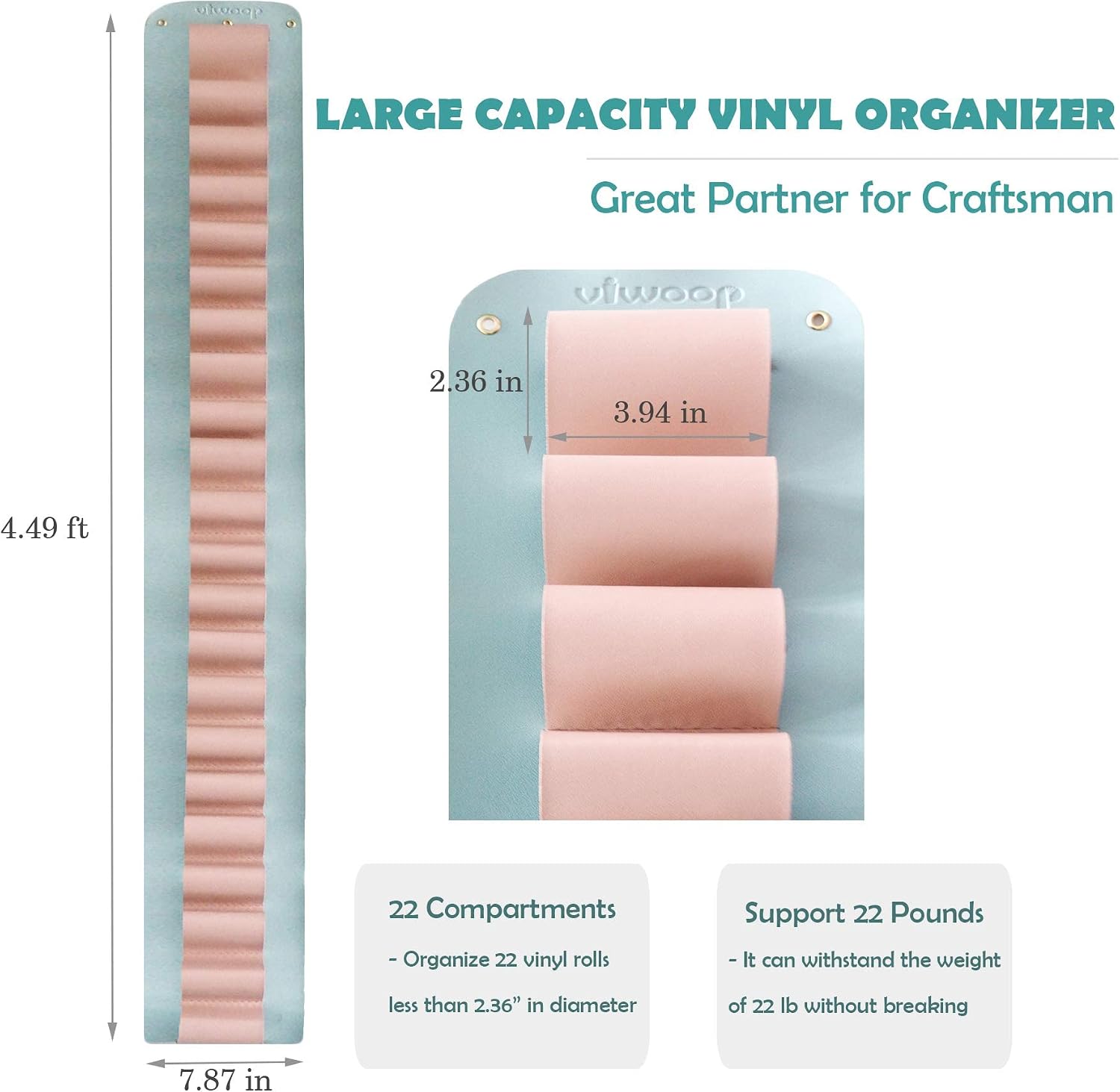VIWOOP Vinyl Roll Holder, Vinyl Roll Storage Rack Wall Mount/Over The Door, Craft Vinyl Storage Organizer Idea, Gift Wrap Organizer with 22 Compartments (Pink Compartments)