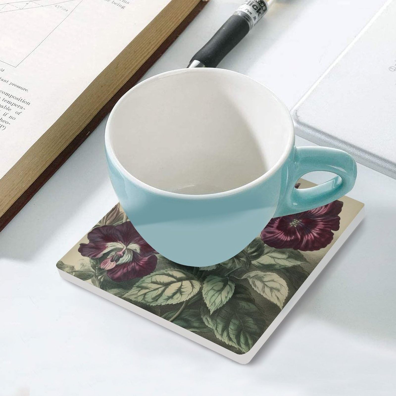 Posavasos para decoración de mesa, juego de 6 posavasos para mesa de café, reutilizables, con tres flores, impresión de pintura para mesa de comedor y sala de estar