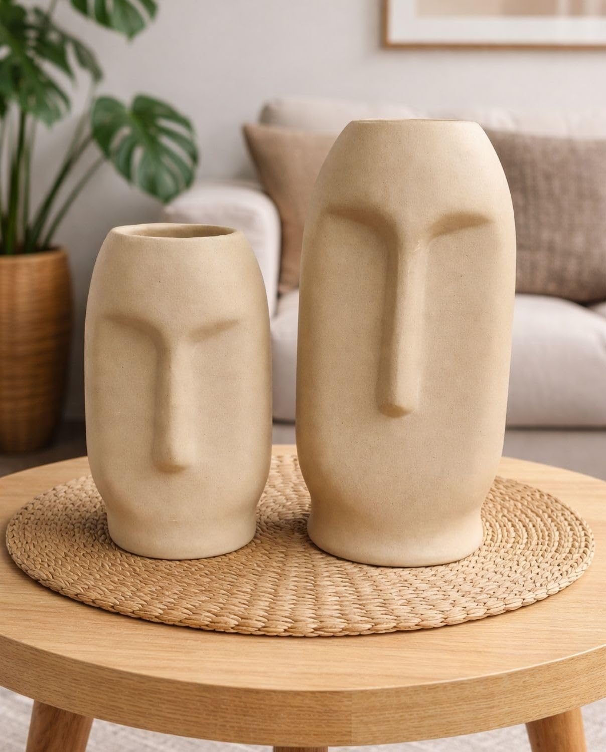 Craftribal Abstract Face Ceramic Vase Set of 2(Beige)|Aesthetic Vase for Pampas Grass & Dried Flowers|Minimalist Home & Office Décor|Perfect for Gifting| Matte (Rough) Finish|Size-8 & 6 inches-image-7