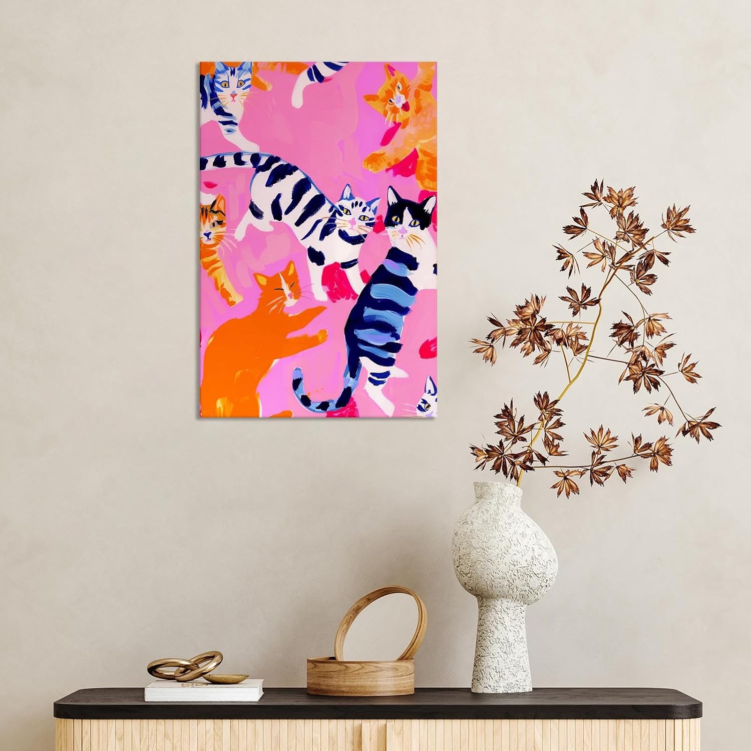 Pink Cute Cat Poster Preppy Colorful Animal Canvas Wall Art Maximalist Dopamine Kitsch Pet Aesthetic Prints Painting For Living Room Bedroom Bathroom Wall Decor 16x24in Wframed