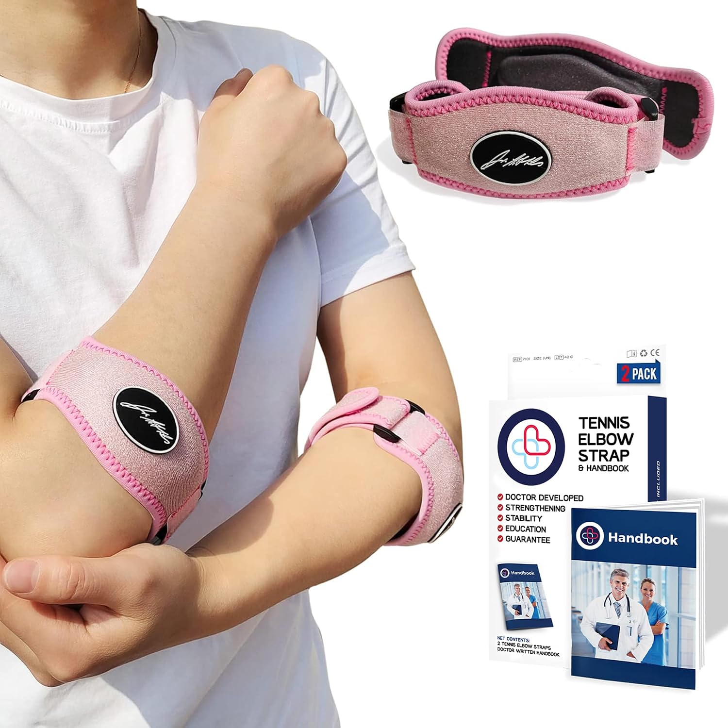 Tennis Elbow Brace & Adjustable Arm Band Support for Pain Relief for Tendonitis, Golfers Elbow Strap for Men and Women - Comfy Removable Arm Wrap for Daily Wear, Gym, Sports (Single, Black) (2 Pack, Pink)